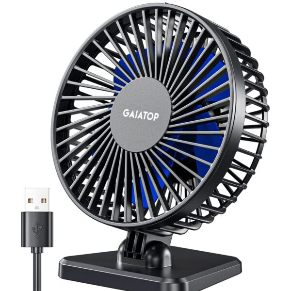 Gaiatop Small Desk Fan, Portable 3 Speeds Wind Desktop Table Cooling Fan in Single Button, Adjustment Mini Personal Fan for Home Desktop Office Car Outdoor (Black Blue)