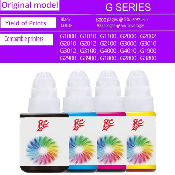 RC PRINT Ink Compatible for Canon PIXMA G1000 G1010 G1100 G2000 G2002 G2010 G2012 G2100 G3000 G3010 G3012 G3100 G4000 G4010 Printers Pack of 4 Black 135ml CMY 70ml Each