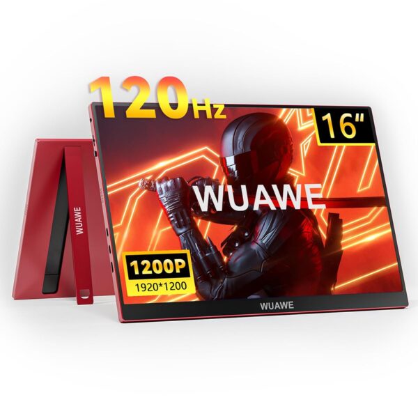 WUAWE 16" 1200P 120Hz Portable Gaming Monitor with 100% sRGB with Built-in Support, HDR and Freesync, USB C External Monitor for Laptop, PC, Phone, Switch, Xbox and PS5 (Red)