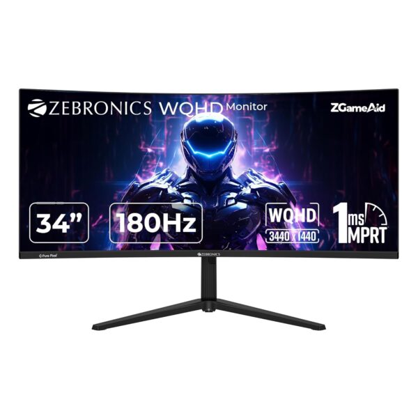 ZEBRONICS N34A 34"(86.4 cm) 1500R Curved Ultrawide Gaming Monitor, WQHD 3440x1440, 350Nits, 180Hz, 1ms MPRT, HDR10, 99% sRGB | 92% DCI-P3, Adaptive Sync, 2 x DP | 2 x HDMI | 1 x 3.5mm