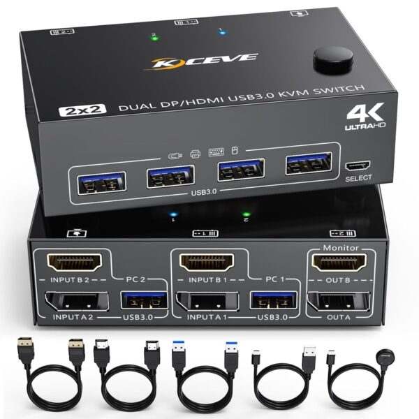 KVM Switch 2 Computer 2 Monitors, HDMI + Displayport Dual Monitors KVM Switcher Supports 4K@60Hz for 2 Computers Share Keyboard, Mouse and Monitor…