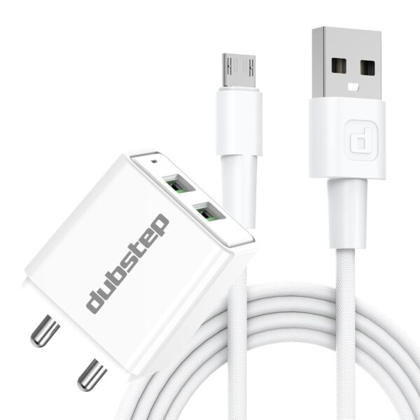 Dubstep Sprint 16W Dual USB Port Wall Charger with 1M Micro USB Cable, Multi-Layer Smart Chip Protection, Fast Charging Adaptor for All Android Devices (White)