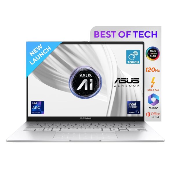 ASUS Zenbook 14,Intel Core Ultra 7 (Series 2),Thin & Light(Intel Arc iGPU/32GB/1TB/3K OLED Touch screen/14/120Hz/Windows 11/M365 Basic (1Year)*/Office Home 2024/Foggy Silver/1.28 kg) UX3405CA-PZ348WS