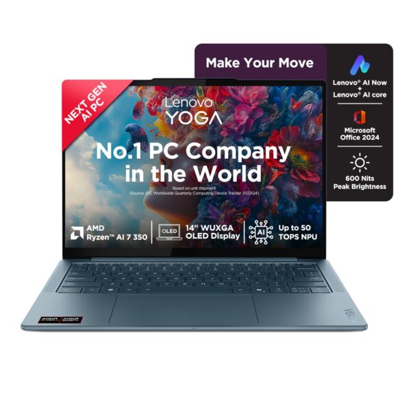 Lenovo Yoga Slim 7 AMD Ryzen AI 7 350 (32GB RAM/1TB SSD/14 (35.5cm)/WUXGA OLED AI Now/Copilot+ PC/Windows 11/Office Home 2024/Backlit Keyboard/1Yr ADP Free/Teal/1.19Kg), 83JY000UIN AI Laptop