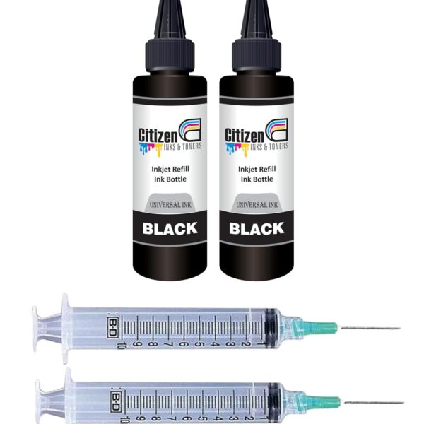 Inkjet Refill Ink for use All Inkjet, Deskjet, Officejet Printers and Cartridges Compatible for HP Priner Cartridges & Canon Printer Cartridges + Syringe - 100ml Per Bottle (2 Black Ink +2 Syringe)