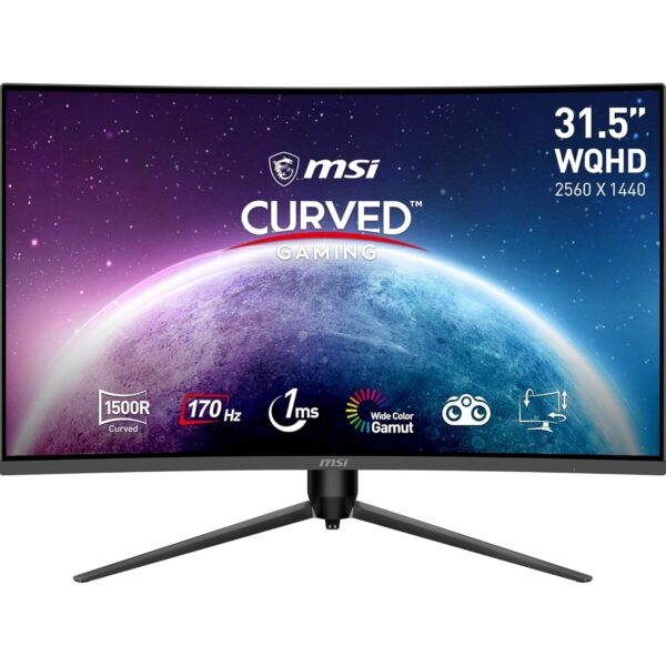 MSI G32CQ5P 31.5 Inch 2K WQHD Curved Gaming Monitor - 1500R 2560 x 1440 VA Panel, 170Hz / 1ms, Adaptive Sync, 3-Way Adjustable - DP 1.2a, HDMI 2.0b CEC