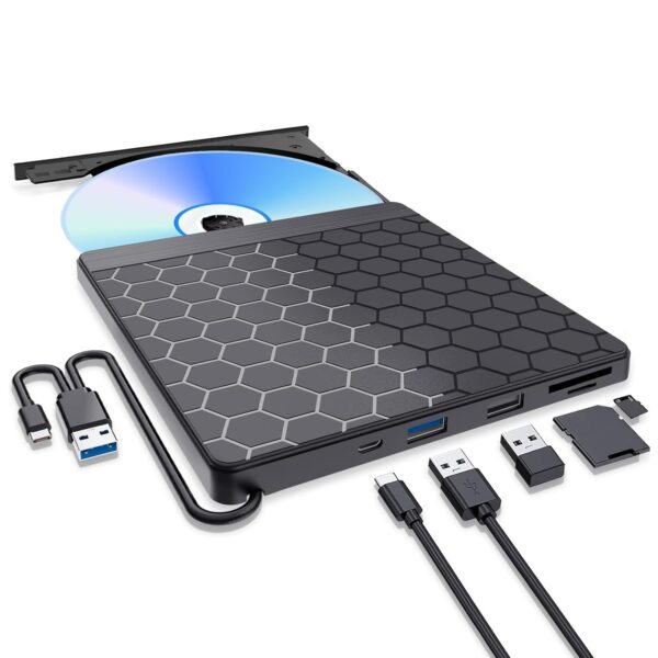 Aumdie External CD/DVD Drive for Laptop, USB 3.0 CD Burner with 2 USB Ports and 2 TF/SD Card Slots, DVD Player for Laptop, Mac, PC, Windows 11/10/8.1/7