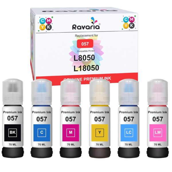 Ravaria 057 Refill Ink for EPSON L8050, L18050 Printer - Compatible Ink Bottle for EPSON 057 Ink Code for EPSON Inktank Printer (057 Ink Full Color Set 6 Color),Multi-Color Pack