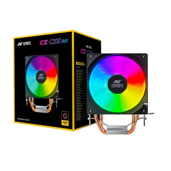 Ant Esports ICE-C200 V2 CPU Cooler/CPU Fan with Rainbow LED Fan | Support - Intel : LGA1700 / 115X / 1200/1366 x 775 & AMD : AM5, AM4, AM3+, AM3, AM2+, FM2, FM1