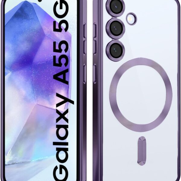 VONZEE Clear Logo Electroplating Transparent Case for Samsung A55 5G, Magnetic Plating [Support for MagSafe Charger] Electroplate TPU Cover, Individual Camera Protection for Each Lens - Deep Purple