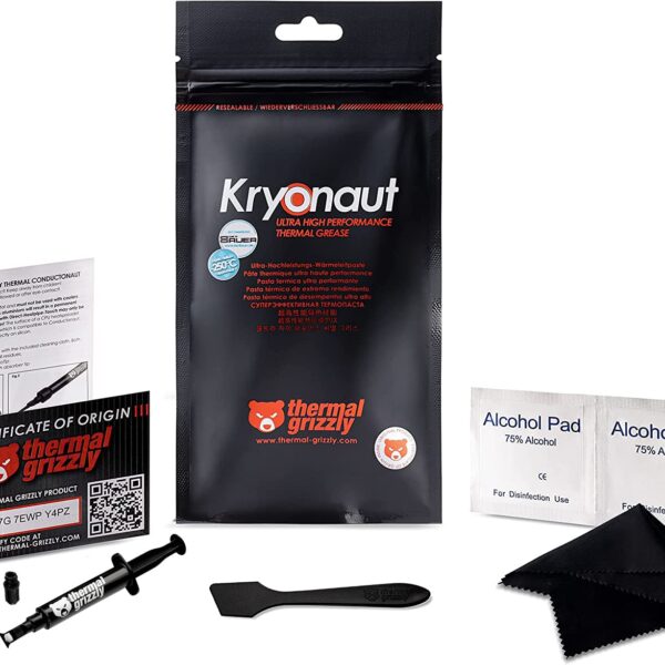 Thermal Grizzly Kryonaut The High Performance Thermal Paste for Cooling All Processors, Graphics Cards and Heat Sinks in Computers and Consoles Combo Extra Spatula, Cleaning Pads + Cloth (11.1 Gram)