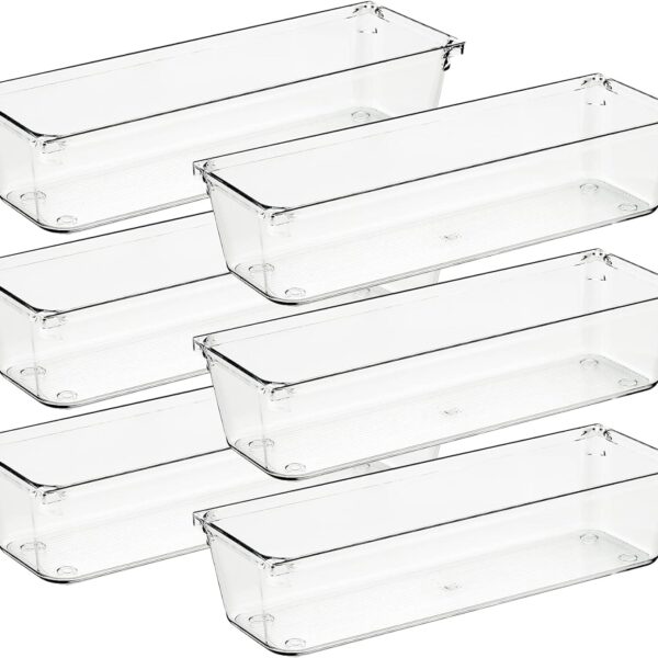 ALPHIT SALE 6 Pcs Desk Drawer Outside, Transparent Organizer Trays Bathroom Drawer Tray Dividers Plastic Vanity Organizers Storage Bins For Makeup Dresser Kitchen Office (3" x 9")