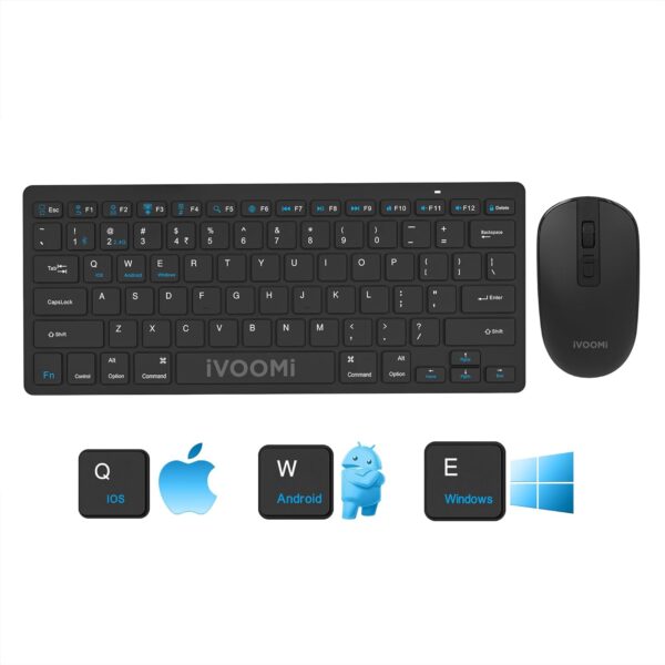 IVOOMI Zoox Black Wireless Keyboard & Mouse Set, 2.4 ghz/Dual Bluetooth 5.0 and 1600DPI, BIS Approved, Multimedia Keys with Rupees Key, on/Off Switch, Win/Mac/Linux/Android 1 Year Warranty