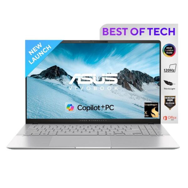 ASUS Vivobook S15,Snapdragon X Elite X1E,Copilot+ AI PC(Qualcomm Adreno iGPU/45TOPS/16GB RAM/1TB SSD/3K OLED/15.6"/120Hz/Backlit Keyboard/Windows 11/Office 2021/Cool Silver/1.42 kg) S5507QAD-MA751WS