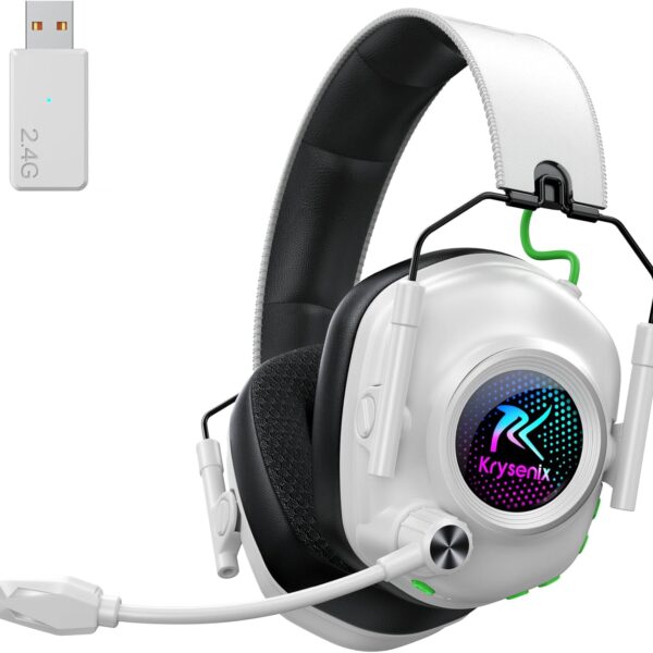 Wireless Gaming Headset with Noise Canceling Microphone for PC, PS5, PS4, Switch, Mac, 2.4 GHz Wireless & Bluetooth 5.4 Gaming Headphones, Cool RGB Lighting, 40Hr Battery, 50mm Drivers-White