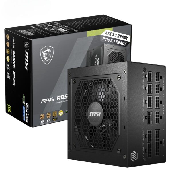 MSI MAG A850GL PCIE5 Power Supply Unit, 850W, 80 Plus Gold, Fully Modular, ATX 3.0, PCIe 5.0 GPU Support, 120mm FDB Fan, Full-Bridge LLC, Flat Black Cables - 7 Year Warranty