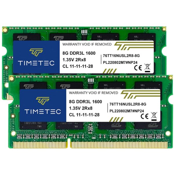 Timetec P N 76TT16NUSL2R8-8G 8GB Dual Rank 1600MHz DDR3 PC3-12800 Non-ECC Unbuffered CL11 204-Pin SODIMM 2Rx8 512x8 1.35V Laptop PC Computer Memory Ram Module Upgrade 8GB 16GB Kit (2*8GB)