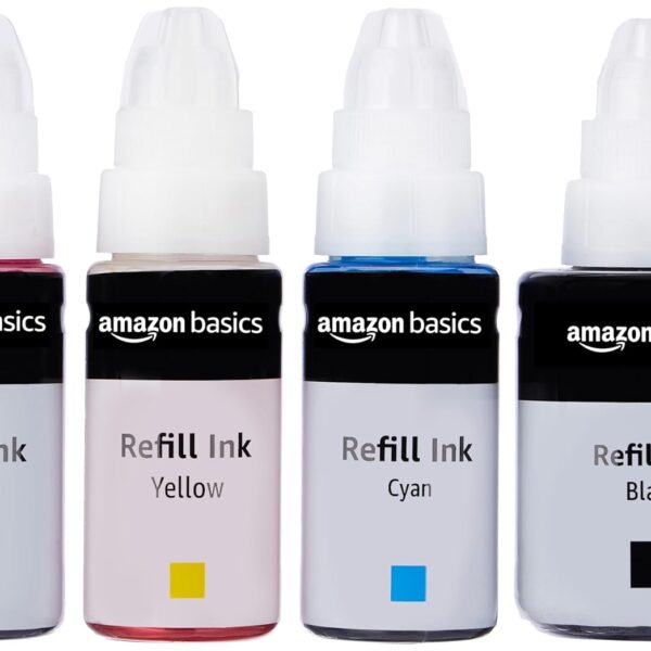amazon basics GI 790 Ink Refill for Canon PIXMA G1000, G1010, G1100, G2000, G2002, G2012, G2100, G3000, G3010, G3012, G3100 Printers Ink|Perfect Compatibility|Leak-Proof (Black, Yellow, Cyan, Magenta)