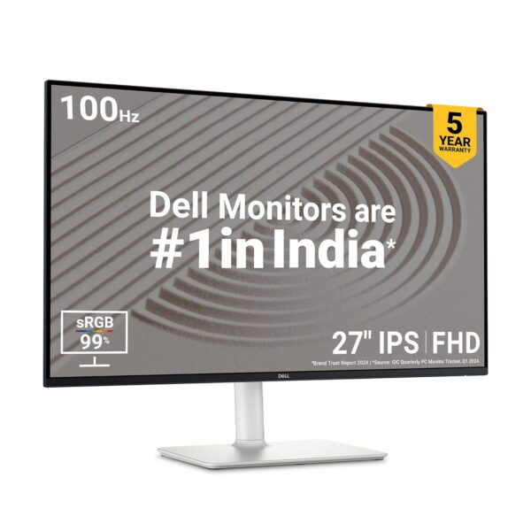 Dell S2725HS Silver 68.58cm/27" FHD Monitor 100Hz, Dual Speaker, 4ms(Extreme), 1500:1 Contrast Ratio, 99% sRGB, Ficker-Free, Brightness:300 cd/m2, Ports: 2X HDMI, Tilt Swivel Pivot Height Adjustable