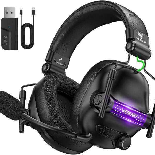 WG2 Wireless Gaming Headsets with Microphone for PS5, PS4, PC, Switch, Mac, Crystal Stereo Bluetooth Headphones, Wireless Headset 2.4GHz with Lossless Audio, 50 Hr Battery, Cool LED