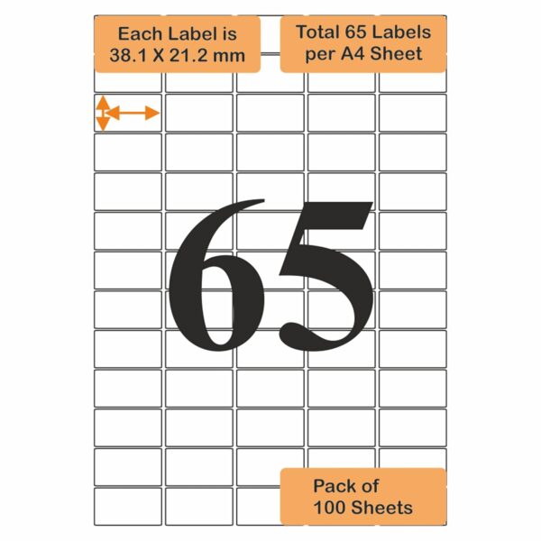Oddy A4 Paper Label Stickers for Laser & Inkjet Printers | 65 Labels Per Sheet - Pack of 100 Sheets | for Shipping, Address, Folders, Industrial Use
