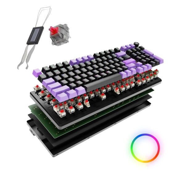 Kreo Hive Full-Size Gaming Keyboard with 98-Key Design, Outemu Switches, Metal Volume Knob Customizable RGB, Case Foam, RGB, Red Switch, 3 Colour keycap (Black Purple- Red Switch)