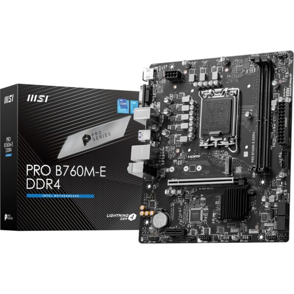 MSI PRO B760M-E DDR4 Motherboard, Micro-ATX - Supports Intel 14th, 13th & 12th Gen Core Processors, LGA 1700 - DDR4 Memory Boost 4800+MHz/OC, PCIe 4.0 x16 Slot, M.2 Gen4 Slot