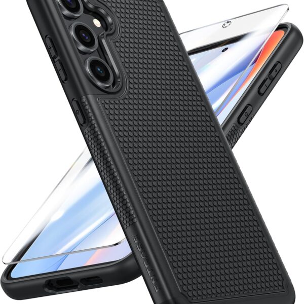 FNTCASE for Samsung Galaxy S24-FE Case: Dual Layer Protective Heavy Duty Cell Phone Cover | Shockproof Rugged with Non-Slip Textured | Military Grade Drop Protection Bumper Tough (Black)