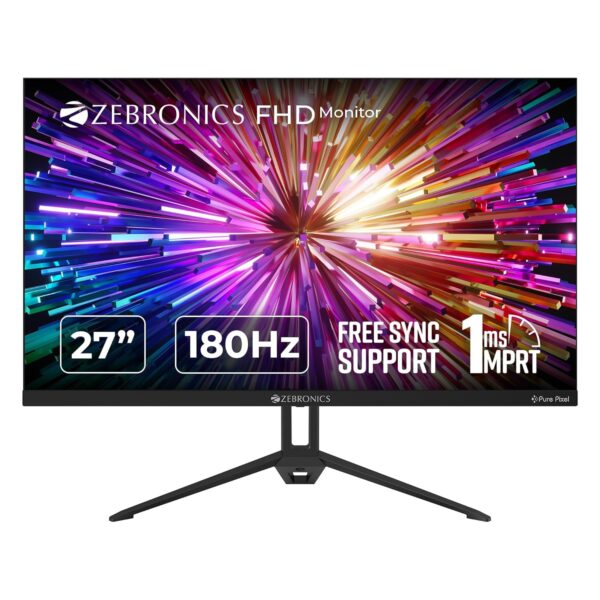Zebronics 27 inch IPS Panel 180Hz Gaming Monitor with FHD 1080p, Free sync support, DP, 2x HDMI,300 Nits max, 16.7M colors, Built-in speakers and Bezel less design ZEB-S27A