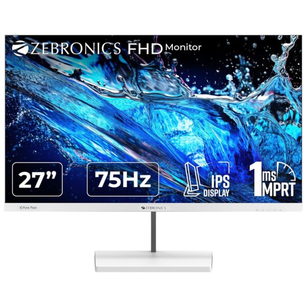 ZEBRONICS S27A 27" (68.5cm) LED Monitor, 75Hz, FHD 1920x1080, IPS Display, 1ms MPRT, 16:9 Aspect Ratio, 300Nits, 16.7M Colors, Dual Input - HDMI + VGA, Built-in Speakers, Wall Mountable