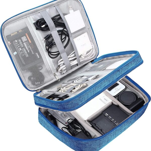 House of Quirk Electronic Bag Travel Cable Accessories Double Layer Electronics Organizer Portable Storage Case for Cord,Charger, Adapter, Power Bank, Hard Drives-Light Blue, polyester, pack of 1