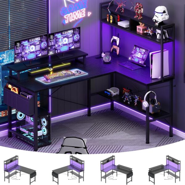 Aheaplus L Shaped Gaming Desk with Power Outlets & LED Lights, Small L- Shaped Desk Computer Corner Desk with Monitor Stand & Storage Shelf, Home Office Desk Writing Desk with Storage Bag, Black