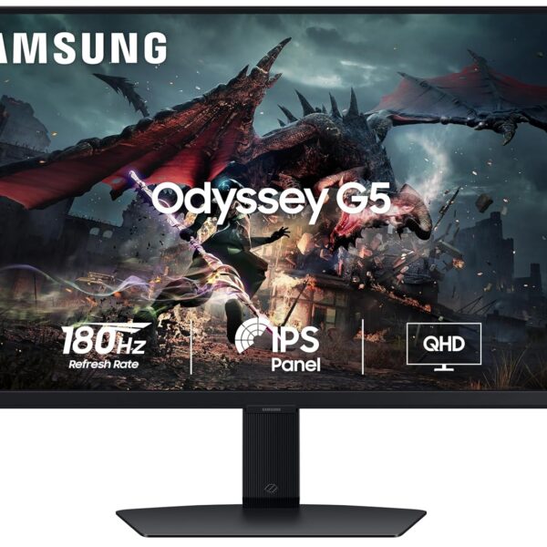 Samsung Odyssey G5 Gaming IPS Flat Monitor 68.5 cm (27") QHD (2,560 x 1,440), 180 Hz, 1ms(GTG), AMD FreeSync, DP, HDMI, Headphone Jack, Height Adjustable Stand, Tilt, Pivot (LS27DG502EWXXL,Black)