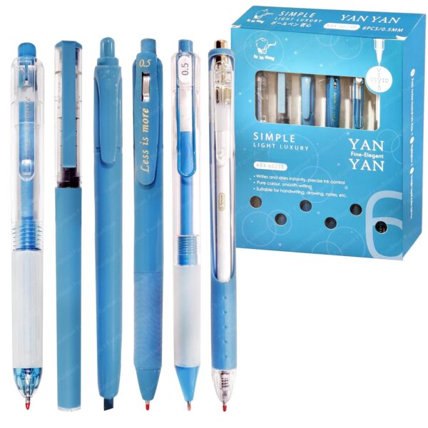FunBlast Gel Pens for Writing, 5 Pcs Gel Pen & 1 Pcs Highlighter Pen, with Comfortable Grip for Smooth Writing, Kawaii Pens, Stationery for School & Office, Birthday Return Gift, Blue Ink (Blue)