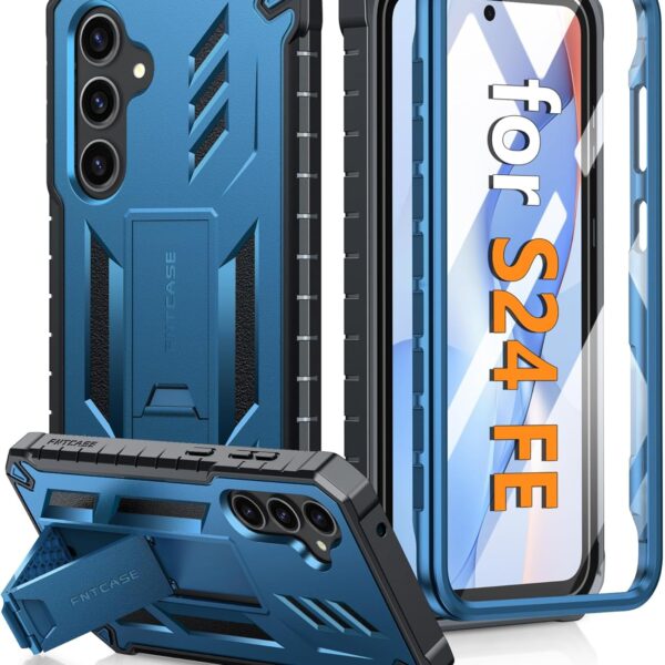 FNTCASE for Samsung Galaxy S24-FE Case: Military Grade Drop Proof Protection Mobile Cover with Kickstand | Matte Textured Rugged Shockproof TPU | Protective Sturdy Phone Case Blue