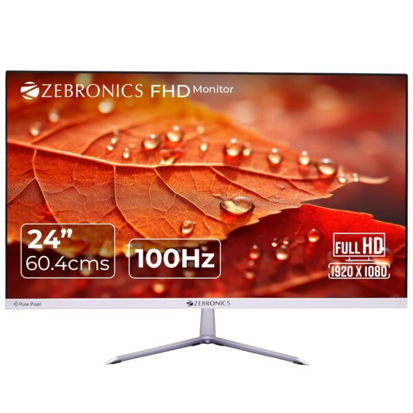 ZEBRONICS EA124 LED Monitor, 24 inch (60.4cm), 250 nits, 100Hz, FHD, 1920x1080, HDMI, VGA, Ultra Slim Bezel, Built-in Speakers, Metal Stand, Wall Mountable