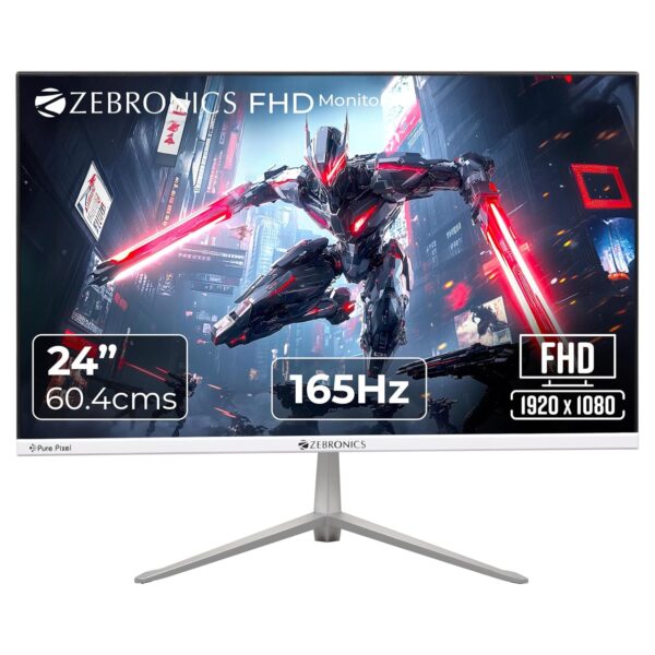 ZEBRONICS EA224 24"(60.4cm) Slim Gaming Monitor, 165Hz, FHD 1920x1080, 16:9 Aspect Ratio, 250Nits, 16.7M Colors, Dual Input - HDMI + DP, 3.5mm Jack, Built-in Speakers, Metal Stand, Wall Mountable