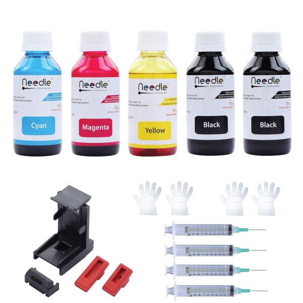 Needle 5x100gms (CMYKK combo) Cartridge Inkjet Ink Refill Toolkit with Suction Tool Compatible with HP and Canon Cartridge Printers