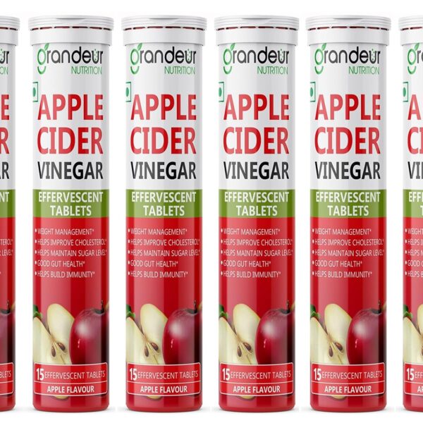 GRANDEUR The Plant Based Apple Cider Vinegar Tablets for Weight Management, Easy Disgestion, ACV for Weight loss with Pomegranate Extract, Vitamin B6, B12 - 15 capsules Pack of 6, 1 count