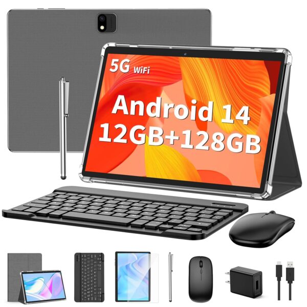 QDDQ Android 13 Tablet With Keyboard, 12GB RAM, 128GB ROM (1TB Expandable), 10" 2-in-1 Tablet With Case, Mouse, Stylus, 8000mAh Battery, 2.4G/5G Wi-Fi, GPS, Silver