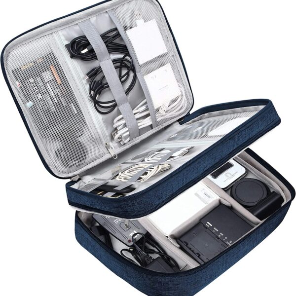 PETRICE Gadget Organizer Travel Cable Accessories Bag Double Layer Electronics Organizer Portable Storage Case for Cable, Cord, Charger, Adapter, Power Bank, Hard Drives - Dark Blue, Nylon