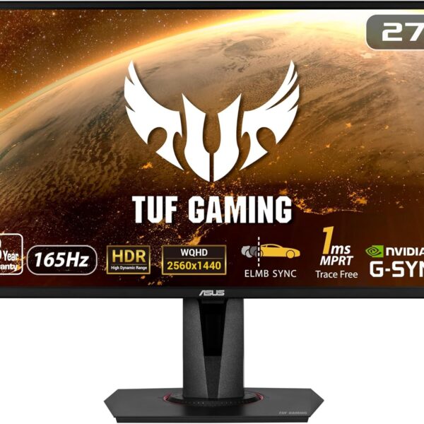 ASUS TUF Gaming 27" 2K HDR Gaming Monitor (VG27AQ) - QHD (2560 x 1440), 165Hz (Supports 144Hz), 1ms, Extreme Low Motion Blur, Speaker, G-SYNC Compatible, VESA Mountable, DisplayPort, HDMI ,Black