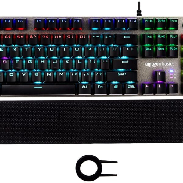amazon basics Pro Series Mechanical Keyboard with Drive Customization | RGB LED Lights | Media Control Knob | High-Response Mechanical Switches | Wrist Support | Durable Keycaps | Plug & Play (Black)
