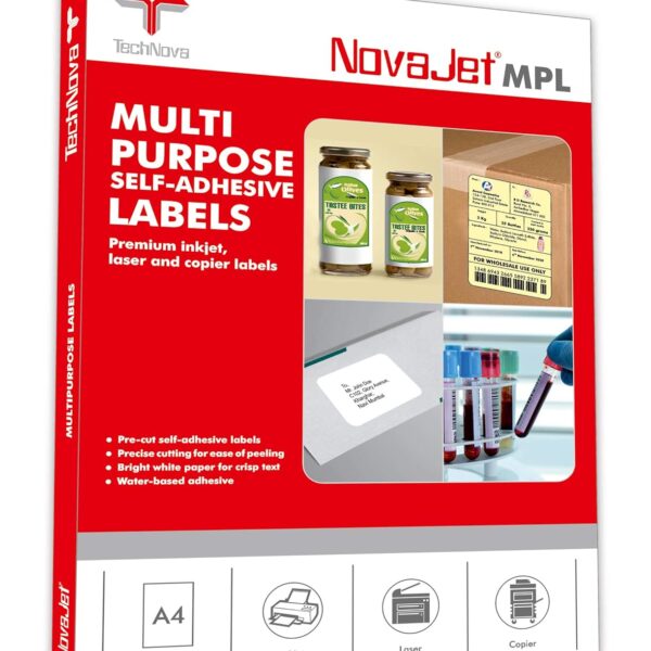 NovaJet Multipurpose Label for Inkjet/Laser Printer 65 Label (Size of Lable 38 mm x 21 mm) in A4 Sheet (100 Sheet)