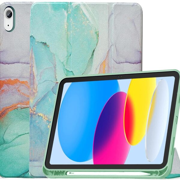 ProElite Smart Case for iPad (A16) 11th/10th Generation (2025/2022) [Auto Sleep/Wake Cover] [Left Side Pencil Holder] [Soft Flexible Case] Recoil Series - Marble Green